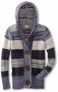 Design History Girl's 7-16 Striped Hooded Cardigan, Blue, Large Design History Girl's 7-16 Striped Hooded Cardigan, Blue, Large