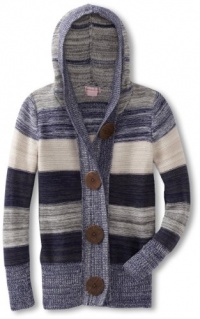 Design History Girl's 7-16 Striped Hooded Cardigan, Blue, Large