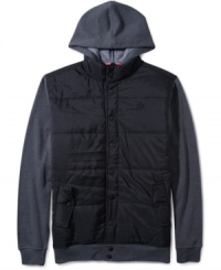 Look trendy as you keep warm in this unique hooded vest jacket by 3rd & Army with fleece sleeves. Look trendy as you keep warm in this unique hooded vest jacket by 3rd & Army with fleece sleeves.