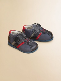 An adorable take on a classic pair of oxfords with grip tape closure and handsome strip crafted in faux suede.Grip-tape closureNappa suede polyurethane upperLeather liningRubber soleImported An adorable take on a classic pair of oxfords with grip tape closure and handsome strip crafted in faux suede.Grip-tape closureNappa suede polyurethane upperLeather liningRubber soleImported