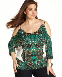 Sass up your style with INC's cold-shoulder plus size top, featuring a vivid print. Sass up your style with INC's cold-shoulder plus size top, featuring a vivid print.