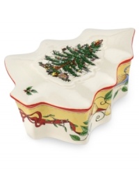 A sun-yellow partridge and pear tree motif lend new cheer to this covered candy dish and what's already a symbol of the season – Spode's Christmas Tree dinnerware. With embossed detail on lid. A sun-yellow partridge and pear tree motif lend new cheer to this covered candy dish and what's already a symbol of the season – Spode's Christmas Tree dinnerware. With embossed detail on lid.