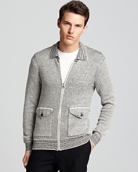 Perfect for layering on a windy day, this modern take on the classic cardigan boasts handsome styling details like the striped mock neck, cuff and hem. Perfect for layering on a windy day, this modern take on the classic cardigan boasts handsome styling details like the striped mock neck, cuff and hem.