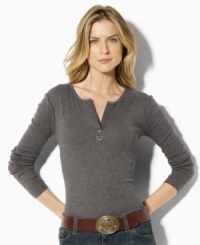 Lauren by Ralph Lauren's soft, finely ribbed cotton top features a split neckline with a polished metal D-ring for a chic modern look. (Clearance) Lauren by Ralph Lauren's soft, finely ribbed cotton top features a split neckline with a polished metal D-ring for a chic modern look. (Clearance)