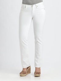 Featuring a classic five-pocket design, these jeans will hug your curves comfortably, thanks to the right touch of stretch.Button closureZip flyBelt loopsFive-pocket designInseam, about 3299% cotton/1% Lycra®Machine washMade in USA Featuring a classic five-pocket design, these jeans will hug your curves comfortably, thanks to the right touch of stretch.Button closureZip flyBelt loopsFive-pocket designInseam, about 3299% cotton/1% Lycra®Machine washMade in USA