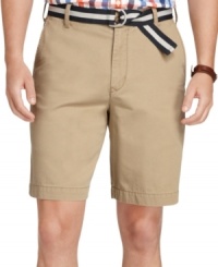 Casual flat front shorts by Izod includes a complementary belt plus it's made from cotton for all day comfort. Casual flat front shorts by Izod includes a complementary belt plus it's made from cotton for all day comfort.