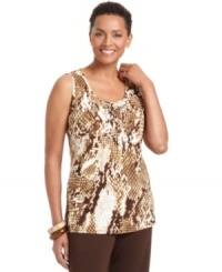 This scoopneck tank top from J Jones New York is an ideal layering piece for all seasons. The animal print, pleating at chest and studded embellishment adds extra pizazz to everyday outfits! This scoopneck tank top from J Jones New York is an ideal layering piece for all seasons. The animal print, pleating at chest and studded embellishment adds extra pizazz to everyday outfits!