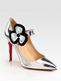 A charming flower with suede trim tops this point toe design of shiny metallic leather. Self-covered heel, 4 (100mm)Metallic leather and suede upperPoint toeAnkle strap with snap closureLeather liningSignature red leather solePadded insoleMade in Italy A charming flower with suede trim tops this point toe design of shiny metallic leather. Self-covered heel, 4 (100mm)Metallic leather and suede upperPoint toeAnkle strap with snap closureLeather liningSignature red leather solePadded insoleMade in Italy