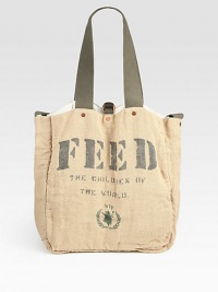 Each FEED 2 Bag provides school meals to two children for one year through the UN World Food Programme (WFP). Crafted of organic cotton and natural burlap, this versatile messenger design for men and women is the perfect grocery shopping or travel essential.Double top handles, 11 dropCrossbody strap, 23 dropCopper ring and strap closureThree open pockets on cotton sideOrganic cotton and natural burlap reversible lining15W X 15H X 6DImported Each FEED 2 Bag provides school meals to two children for one year through the UN World Food Programme (WFP). Crafted of organic cotton and natural burlap, this versatile messenger design for men and women is the perfect grocery shopping or travel essential.Double top handles, 11 dropCrossbody strap, 23 dropCopper ring and strap closureThree open pockets on cotton sideOrganic cotton and natural burlap reversible lining15W X 15H X 6DImported