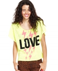 From the burnout print to the striking lightning, this tee from Belle Du Jour dares you to love boldly! From the burnout print to the striking lightning, this tee from Belle Du Jour dares you to love boldly!