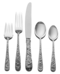 Elegant Kirk Stieff flatware is designed with the unsurpassed standards of excellence that have made it an American tradition. The Repousse pattern is no exception, with grand flourishing style and ornately sculpted blooms in lavish sterling silver. Elegant Kirk Stieff flatware is designed with the unsurpassed standards of excellence that have made it an American tradition. The Repousse pattern is no exception, with grand flourishing style and ornately sculpted blooms in lavish sterling silver.