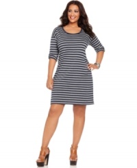 Look casually chic in DKNY Jeans' three-quarter sleeve plus size dress, featuring on-trend stripes. Look casually chic in DKNY Jeans' three-quarter sleeve plus size dress, featuring on-trend stripes.