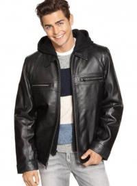 Guess Mens Hooded Leather Motorcycle Black Jacket Large L Euro 52 Lambskin Guess Mens Hooded Leather Motorcycle Black Jacket Large L Euro 52 Lambskin
