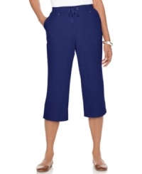 Karen Scott takes casual comfort to new heights with these petite cropped pants, complete with a drawstring waist. Karen Scott takes casual comfort to new heights with these petite cropped pants, complete with a drawstring waist.