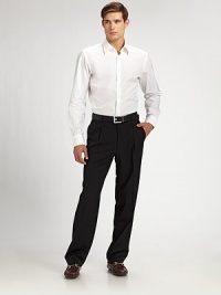 A refined look cut with clean lines and a tailored silhouette from super 100s serge Italian wool. Single-pleat front Side slash, back welt pockets Unfinished hems Wool Dry clean Imported A refined look cut with clean lines and a tailored silhouette from super 100s serge Italian wool. Single-pleat front Side slash, back welt pockets Unfinished hems Wool Dry clean Imported