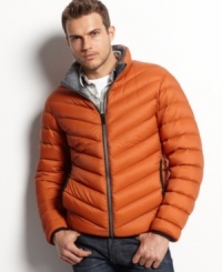Heat up your cool-weather style with this lightweight, wind and water-resistant puffer coat from Guess. Heat up your cool-weather style with this lightweight, wind and water-resistant puffer coat from Guess.
