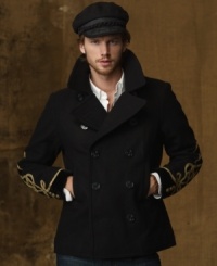 Your eye for throwback military style mixed with your attention to detail leads you to our Officer's Pea Coat constructed with intricate buttons and golden taping at the sleeves. Your eye for throwback military style mixed with your attention to detail leads you to our Officer's Pea Coat constructed with intricate buttons and golden taping at the sleeves.