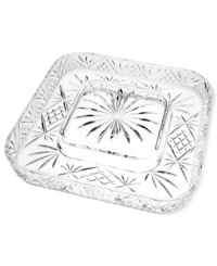The sparkling sophistication of yesteryear makes a chic comeback with this elegant cheese and cracker platter, featuring the intricate starburst pattern of Godinger's popular Dublin crystal serveware collection. The sparkling sophistication of yesteryear makes a chic comeback with this elegant cheese and cracker platter, featuring the intricate starburst pattern of Godinger's popular Dublin crystal serveware collection.