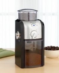 Simplify the daily grind with this smart and spacious burr grinder. Fill the large-capacity hopper with your favorite coffee bean variety and choose from one of 17 different fineness settings. The removable container slides out to present a supply of deliciously aromatic and perfectly ground coffee beans. Constructed of durable black plastic and brushed stainless steel, this grinder looks great next to any coffee maker. One-year warranty. Simplify the daily grind with this smart and spacious burr grinder. Fill the large-capacity hopper with your favorite coffee bean variety and choose from one of 17 different fineness settings. The removable container slides out to present a supply of deliciously aromatic and perfectly ground coffee beans. Constructed of durable black plastic and brushed stainless steel, this grinder looks great next to any coffee maker. One-year warranty.