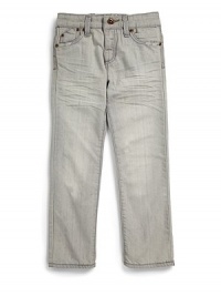 THE LOOKBanded waist with belt loopsZip fly with button closureFive-pocket styleDistressed detailsStraight leg silhouetteLogo tag on back waistEmbroidered button flap pocketsTHE MATERIAL90% cotton/10% polyesterCARE & ORIGINMachine washImported THE LOOKBanded waist with belt loopsZip fly with button closureFive-pocket styleDistressed detailsStraight leg silhouetteLogo tag on back waistEmbroidered button flap pocketsTHE MATERIAL90% cotton/10% polyesterCARE & ORIGINMachine washImported