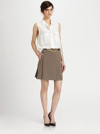 An eye-catching goldtone chain belt upgrades this pleated feminine silhouette. Attached gold chainFront and back waist dartsFront slash pocketsHidden side zipAbout 18 from natural waist71% triacetate/29% polyesterDry cleanImportedModel shown is 5'9½ (176cm) wearing US size 4. An eye-catching goldtone chain belt upgrades this pleated feminine silhouette. Attached gold chainFront and back waist dartsFront slash pocketsHidden side zipAbout 18 from natural waist71% triacetate/29% polyesterDry cleanImportedModel shown is 5'9½ (176cm) wearing US size 4.
