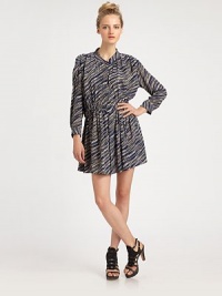 Elaborate stripe print, cinched waist and bishop sleeves enliven this short silk go-to. Stand collarButton frontLong bishop sleevesGathered waistbandAbout 17 from natural waistSilkDry cleanMade in USA of imported fabricModel shown is 5'10 (177cm) wearing US size 2. Elaborate stripe print, cinched waist and bishop sleeves enliven this short silk go-to. Stand collarButton frontLong bishop sleevesGathered waistbandAbout 17 from natural waistSilkDry cleanMade in USA of imported fabricModel shown is 5'10 (177cm) wearing US size 2.