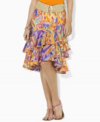 Crafted in crinkled silk georgette, Lauren by Ralph Lauren's tiered ruffle skirt adds a flirty element to any wardrobe. Crafted in crinkled silk georgette, Lauren by Ralph Lauren's tiered ruffle skirt adds a flirty element to any wardrobe.