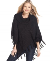 Style&co.'s mixed-knit petite poncho makes layering a cinch--this fringed sweater looks great over denim or dress pants. Style&co.'s mixed-knit petite poncho makes layering a cinch--this fringed sweater looks great over denim or dress pants.