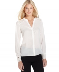 Grace Elements adds an intriguing touch to this button-front blouse by styling the shoulders and cuffs with a chic cutout design. Grace Elements adds an intriguing touch to this button-front blouse by styling the shoulders and cuffs with a chic cutout design.