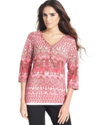 Subtle studding at the chest adds shimmer to this pretty Style&co. Sport top. The print was inspired by faraway places, making it a perfect piece for traveling or to wear at home while dreaming of your next journey. Subtle studding at the chest adds shimmer to this pretty Style&co. Sport top. The print was inspired by faraway places, making it a perfect piece for traveling or to wear at home while dreaming of your next journey.