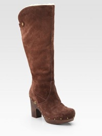 Chunky wooden heel adds a timeless touch to this suede knee-high design. Wooden heel, 4 (100mm)Covered platform, 1 (25mm)Compares to a 3 heel (75mm)Shaft, 16½Leg circumference, 16Suede upperInner side zipper and back snap closureShearling liningRubber solePadded insoleImported Chunky wooden heel adds a timeless touch to this suede knee-high design. Wooden heel, 4 (100mm)Covered platform, 1 (25mm)Compares to a 3 heel (75mm)Shaft, 16½Leg circumference, 16Suede upperInner side zipper and back snap closureShearling liningRubber solePadded insoleImported