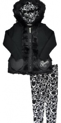 GUESS Kids Girls Little Girl Hooded Sweater With Faux Fur, BLACK (5/6) GUESS Kids Girls Little Girl Hooded Sweater With Faux Fur, BLACK (5/6)