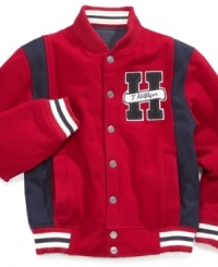 He's sure to make the team with Tommy Hilfiger's all-American varsity jacket. He's sure to make the team with Tommy Hilfiger's all-American varsity jacket.
