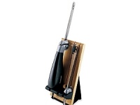 The high-performing knife effortlessly slices meats, loaves and vegetables. The ergonomic handle is designed for both left- and right-handed use, and all parts neatly store in a countertop-friendly solid wood butcher-block storage tray with safety lock system. from Cuisinart includes stainless steel break and carving blades and wood blockstorage tray. (model# CEK40). The high-performing knife effortlessly slices meats, loaves and vegetables. The ergonomic handle is designed for both left- and right-handed use, and all parts neatly store in a countertop-friendly solid wood butcher-block storage tray with safety lock system. from Cuisinart includes stainless steel break and carving blades and wood blockstorage tray. (model# CEK40).
