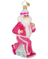Come together for a good cause with this Christmas Radko charity ornament. Santa joins the march against breast cancer, showing his support in a sparkly pink jogging suit. Come together for a good cause with this Christmas Radko charity ornament. Santa joins the march against breast cancer, showing his support in a sparkly pink jogging suit.