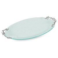 Inspired by the sparkling clarity of the ocean's surface, this oval glass platter will make the perfect centerpiece at your next seafood-centric party. The handles are nickel plate coral branches. Inspired by the sparkling clarity of the ocean's surface, this oval glass platter will make the perfect centerpiece at your next seafood-centric party. The handles are nickel plate coral branches.