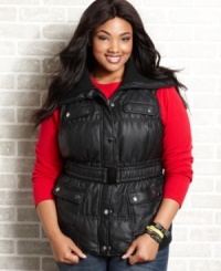 Add instant edge to your fall style with Dollhouse's plus size faux leather vest, accentuated by a belted waist. Add instant edge to your fall style with Dollhouse's plus size faux leather vest, accentuated by a belted waist.