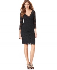 Mesmerize in this magical Marina cocktail dress, adorned with gorgeous beading and scalloped tiers of lace. Mesmerize in this magical Marina cocktail dress, adorned with gorgeous beading and scalloped tiers of lace.