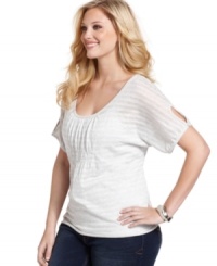 Pair your causal bottoms with DKNY Jeans' short sleeve plus size top, featuring metallic stripes. Pair your causal bottoms with DKNY Jeans' short sleeve plus size top, featuring metallic stripes.