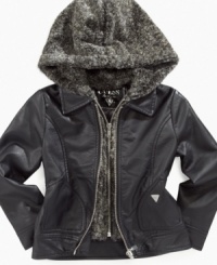 The cute, fuzzy hood can be detached from this faux-leather jacket from Guess for a sleeker style. The cute, fuzzy hood can be detached from this faux-leather jacket from Guess for a sleeker style.