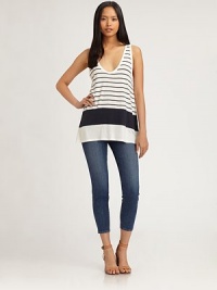 Supremely soft, striped tank has a plunging scoopneck and bold, contrasting panels at the hem. Plunging scoopneckSleevelessHi-low hemRayonDry cleanImportedModel shown is 5'10 (177cm) wearing US size Small. Supremely soft, striped tank has a plunging scoopneck and bold, contrasting panels at the hem. Plunging scoopneckSleevelessHi-low hemRayonDry cleanImportedModel shown is 5'10 (177cm) wearing US size Small.