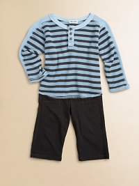 Waffle-textured stripes in a classic Henley style make a perfect partner to smooth-knit pants, simple and smart. TopRibbed Henley necklineButton placketStriped with solid sleeve insetsLong hemmed sleeves Pants Elastic waistbandLarge front pocketsTop: polyester/cotton/micromodalPants: cotton/modal/spandexMachine washImported Please note: Number of buttons may vary depending on size ordered. Waffle-textured stripes in a classic Henley style make a perfect partner to smooth-knit pants, simple and smart. TopRibbed Henley necklineButton placketStriped with solid sleeve insetsLong hemmed sleeves Pants Elastic waistbandLarge front pocketsTop: polyester/cotton/micromodalPants: cotton/modal/spandexMachine washImported Please note: Number of buttons may vary depending on size ordered.