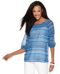 Subtle stripes lend cool appeal to this breezy Charter Club peasant-inspired top. Pair it with a cami and capris in bright white for beach-inspired style.