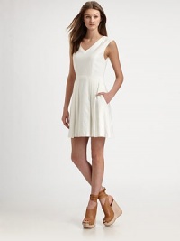 To freshen up your spring wardrobe step into this crisp, easy-to-wear pleated dress made of soft Italian fabric. V neckDropped shouldersShort cap sleevesEmpire waistPleated A-line skirtFront slash pocketsBack zip closureFully linedAbout 22 from natural waist68% viscose/28% linen/4% elastaneDry cleanMade in USAModel shown is 5'10 (177cm) wearing US size 4. To freshen up your spring wardrobe step into this crisp, easy-to-wear pleated dress made of soft Italian fabric. V neckDropped shouldersShort cap sleevesEmpire waistPleated A-line skirtFront slash pocketsBack zip closureFully linedAbout 22 from natural waist68% viscose/28% linen/4% elastaneDry cleanMade in USAModel shown is 5'10 (177cm) wearing US size 4.