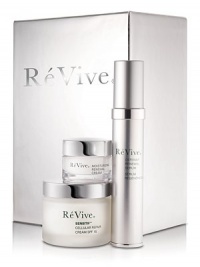 This day-to-night skincare regimen renews, protects and soothes skin. Features full sizes of the high-tech protective serum and daily SPF repair cream, plus a deluxe sample of the best-selling night moisturizer. Renews, protects and soothes skin to provide ultimate benefits and give skin the legendary ReVive Glow. Set includes: 1 oz. Defensitif Renewal Serum, 2 oz. Sensitif Cellular Repair Cream SPF 15, and 0.5 oz. Moisturizing Renewal Cream. This day-to-night skincare regimen renews, protects and soothes skin. Features full sizes of the high-tech protective serum and daily SPF repair cream, plus a deluxe sample of the best-selling night moisturizer. Renews, protects and soothes skin to provide ultimate benefits and give skin the legendary ReVive Glow. Set includes: 1 oz. Defensitif Renewal Serum, 2 oz. Sensitif Cellular Repair Cream SPF 15, and 0.5 oz. Moisturizing Renewal Cream.