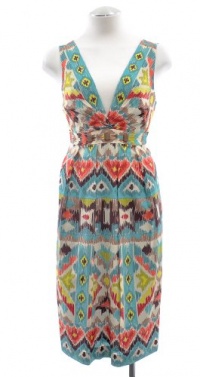 Nicole Miller Light Blue Multi Tribal Silk Empire Dress