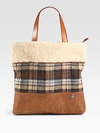 Soft shearling, plaid wool flannel and supple leather come together to create this tactile design.Double top handles, 6½ dropTop zip closureOne inside zip pocketCotton lining13¾W X 14H X 1½DImported