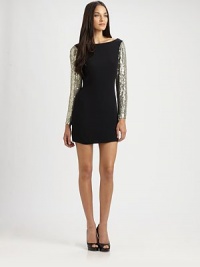 Cutout back and glitzy sequin sleeves give this sultry dress a party-perfect vibe. BoatneckDropped shouldersLong sequin sleevesScoopback; Back cutoutAbout 15 from natural waistRayonDry cleanImportedModel shown is 5'11 (180cm) wearing US size Small. Cutout back and glitzy sequin sleeves give this sultry dress a party-perfect vibe. BoatneckDropped shouldersLong sequin sleevesScoopback; Back cutoutAbout 15 from natural waistRayonDry cleanImportedModel shown is 5'11 (180cm) wearing US size Small.