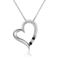 Sterling Silver Black and White Diamond 3 Stone Heart Pendant Necklace, 18inch Sterling Silver Black and White Diamond 3 Stone Heart Pendant Necklace, 18inch