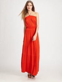 Bursting with vibrant color, this shoulder-baring dress is crafted of soft-stretch fabric for the ultimate in comfort. StraplessOptional self-tieRuched trim at neckline and waistbandTiered panels on skirtAbout 41 from natural waist97% rayon/3% spandexDry cleanMade in USAModel shown is 5'9½ (176cm) wearing US size Small. Bursting with vibrant color, this shoulder-baring dress is crafted of soft-stretch fabric for the ultimate in comfort. StraplessOptional self-tieRuched trim at neckline and waistbandTiered panels on skirtAbout 41 from natural waist97% rayon/3% spandexDry cleanMade in USAModel shown is 5'9½ (176cm) wearing US size Small.